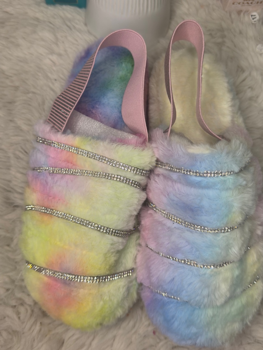 Pastel Rainbow Faux-Fur Slingback Slides with Rhinestone Straps